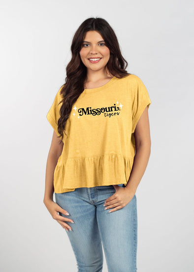 Mizzou Tigers Chicka-D Women's Mizzou Script Ruffle Yellow T-Shirt