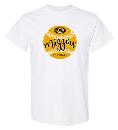 Mizzou Tiger Head Script Mizzou Softball White T-Shirt