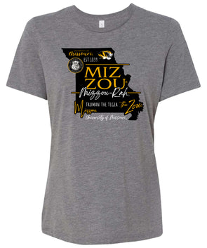 Mizzou Tigers Ladies Relaxed Bella Mizzou State Grey T-Shirt
