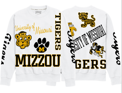 Mizzou Tigers Women's Locale Kelsey Mizzou Logo's All Over White Crew Sweatshirt
