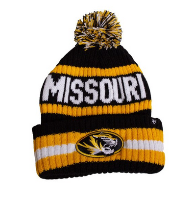 Mizzou Tigers Oval Tiger Head Bering Cuff Stripe with Pom Black and Gold Knit Beanie