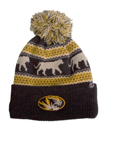 Mizzou Tigers Tiger Head Pattern with Pom Oval Tiger Head Black and Gold Knit Beanie