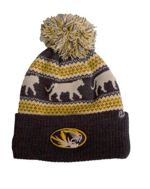 Mizzou Tigers Tiger Head Pattern with Pom Oval Tiger Head Black and Gold Knit Beanie