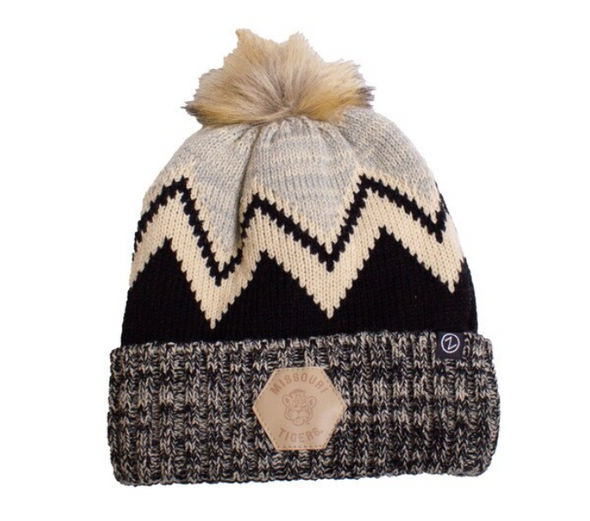Mizzou Tigers Women's Minx Chevron Vault Beanie Tiger Leather Patch Black and White Knit Beanie