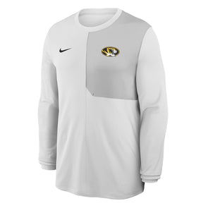 Mizzou Tigers Nike® 2025 Sideline Coaches Dri-Fit Contrast Panel Oval Tiger Head White Long Sleeve T-Shirt