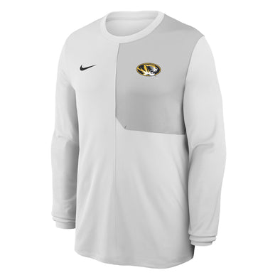 Mizzou Tigers Nike® 2025 Sideline Coaches Dri-Fit Contrast Panel Oval Tiger Head White Long Sleeve T-Shirt