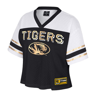 Mizzou Tigers Colosseum Oval Tiger Head Posh Gold Foil Juniors Black and White Jersey Top