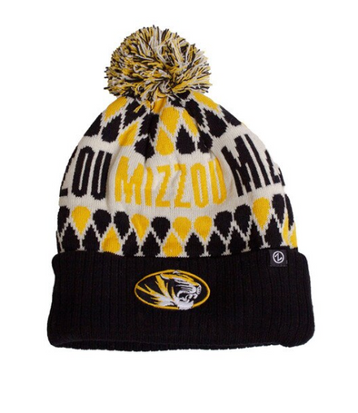Mizzou Tigers Oval Tiger Head Rebound Diamonds Pom Black and Gold Knit Beanie
