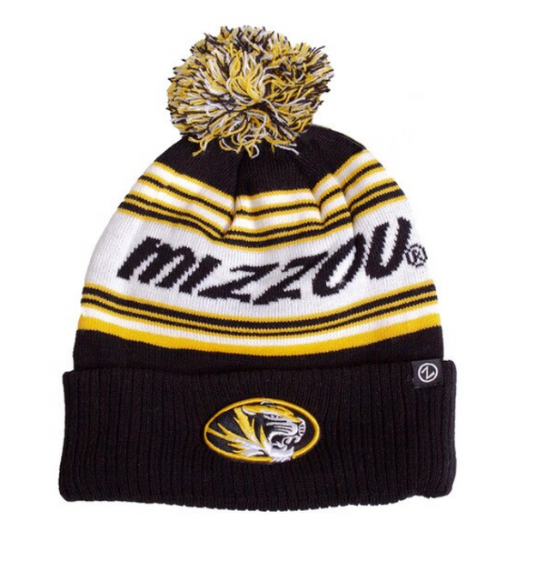Mizzou Tigers Oval Tiger Head Striped Pom Black and Gold Knit Beanie