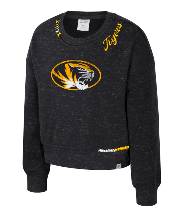 Mizzou Tigers Colosseum Girls Just a Minute Oval Tiger Head Black Crew Sweatshirt