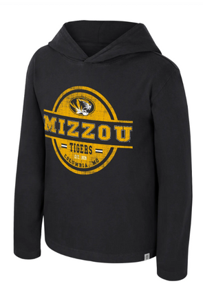 Mizzou Tigers Colosseum Youth Simoleans Distressed Print Oval Tiger Head Black Long Sleeve Hooded T-Shirt