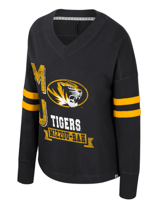 Mizzou Tigers Colosseum Women's Oversized Distressed Print Oval Tiger Head Black Long Sleeve