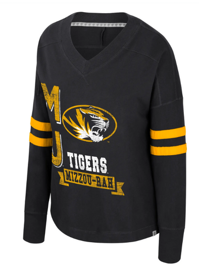 Mizzou Tigers Colosseum Women's Oversized Distressed Print Oval Tiger Head Black Long Sleeve