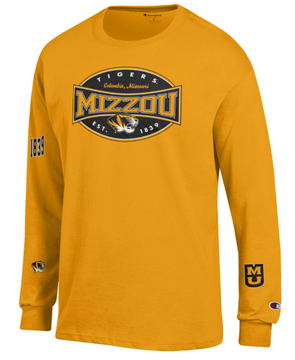 Mizzou Tigers 2025 Champion® Columbia Missouri Long Sleeve Gold T-Shirt