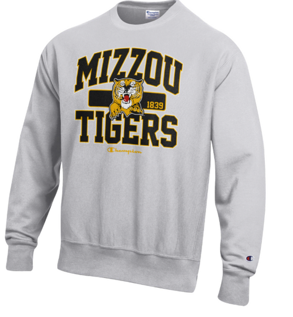 Mizzou Tigers Champion® Reverse Weave Vault Pouncing Tiger Ash Grey Crew Sweatshirt