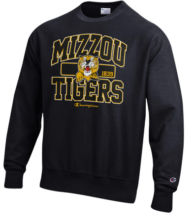 Mizzou Tigers Champion® Reverse Weave Vault Pouncing Tiger Black Crew Sweatshirt