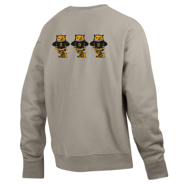 Mizzou Tigers 2025 Champion® TAM Student Designed Garment Dyed Vault Sweater Tiger MIZ ZOU Tan Crew Sweatshirt