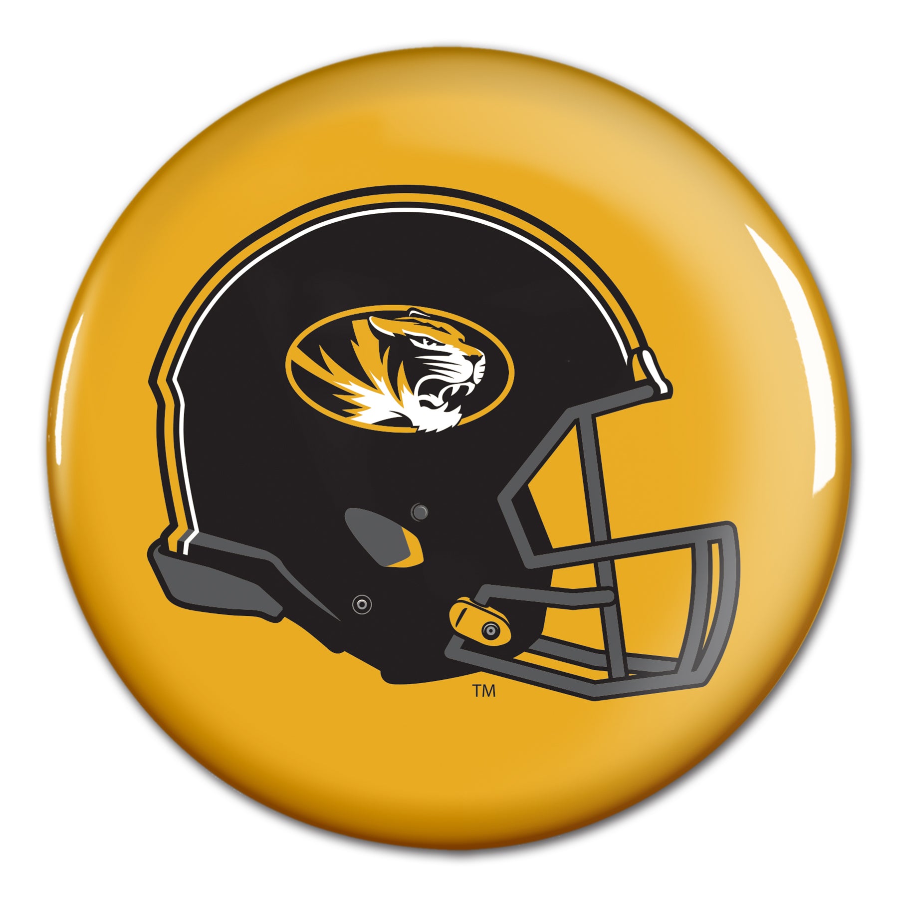 black football helmet with gold m Mizzou Tigers Oval Tiger Head Helmet Gold Button 2.25" – Tiger Team Store