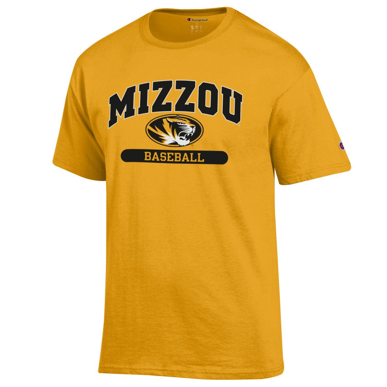 mizzou gear Mizzou Tigers Champion® Oval Tiger Head Gold Baseball T-Shirt -