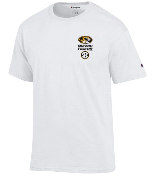 Mizzou Tigers Champion® SEC All Teams Spell Out Football Helmets White T-Shirt