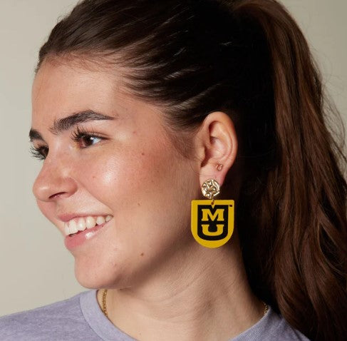 Mizzou Tigers Nickel and Suede Harpers Stacked MU Gold Earrings