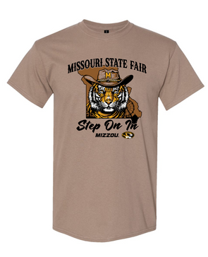 Mizzou Tigers Missouri State Fair 2025 Exclusive Step On In Cowboy Hat Tiger State of Missouri Brown T-Shirt