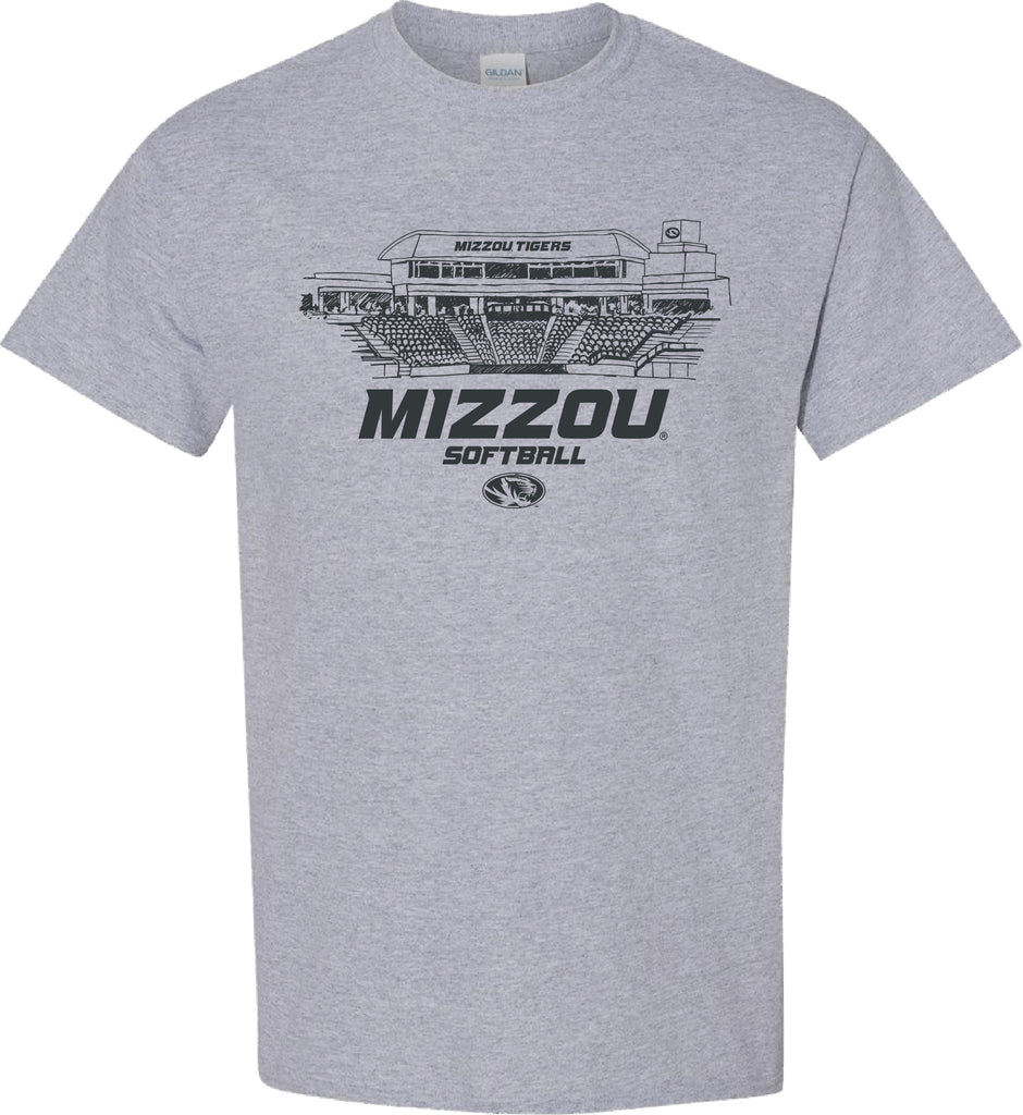 Mizzou Tigers Softball Stadium Sketch Softball Grey T-Shirt
