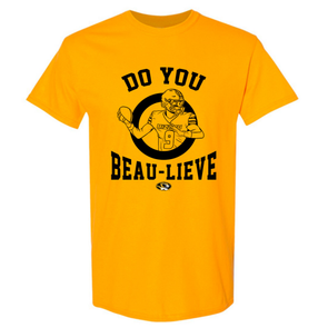 Mizzou Tigers NIL Beau Pribula Do You Beau-Lieve Gold T-Shirt