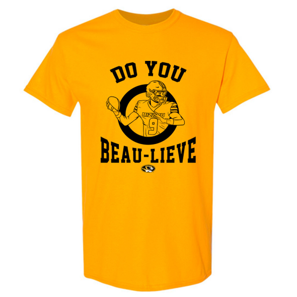 Mizzou Tigers NIL Beau Pribula Do You Beau-Lieve Gold T-Shirt