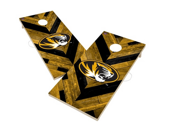 Mizzou Tiger Head Black and Gold Cornhole Game Herringbone Design