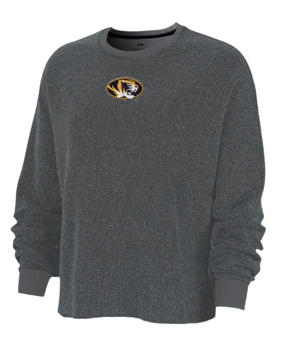 Mizzou Tigers Nike® 2023 Women's Yoga Crew Waffle Texture Oval Tiger Head Black Sweatshirt