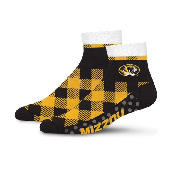 Mizzou Tigers Oval Tiger Head Cozy Buffalo Plaid Black and Gold Socks