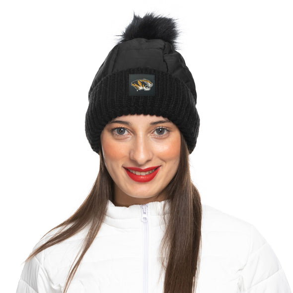 Mizzou Tigers Women's Puffer Fur Pom Tiger Head Black Knit Beanie