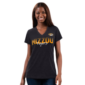 Mizzou Tigers Women's V-Neck Tiger Head Tigers Scrip Black T-Shirt