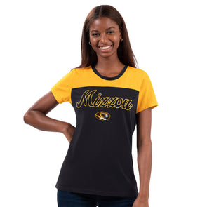 Mizzou Tigers Women's Cheer Color Block Oval Tiger Head Black and Gold T-Shirt