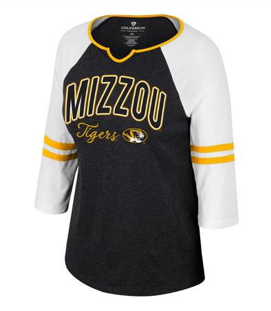 Mizzou Tigers Colosseum Women's 3/4 Sleeve Oval Tiger Head Tigers Script Black and White T-Shirt