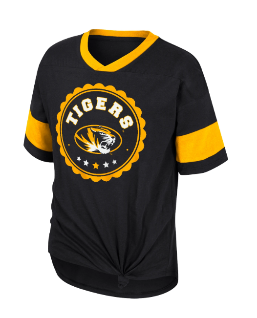 Mizzou Tigers Colosseum Youth Girls Tomika V-Neck Oval Tiger Head Black and Gold T-Shirt