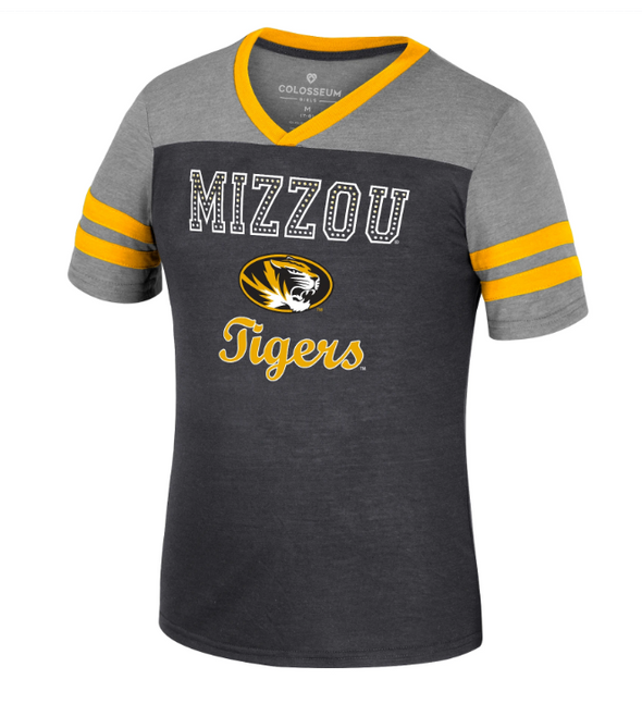 Mizzou Tigers Colosseum Youth Summer V-Neck Girls Rhinestone Oval Tiger Head Black and Gold T-Shirt