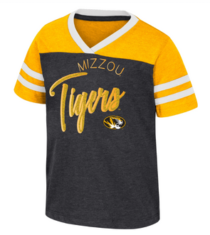 Mizzou Tigers Colosseum Toddler Girls Tigers Oval Tiger Head V-Neck Black and Gold T-Shirt