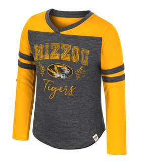 Mizzou Tigers Colosseum Toddler Girls Distressed Oval Tiger Head Black and Gold Long Sleeve