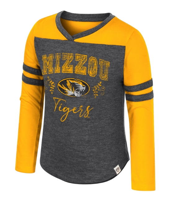 Mizzou Tigers Colosseum Toddler Girls Distressed Oval Tiger Head Black and Gold Long Sleeve
