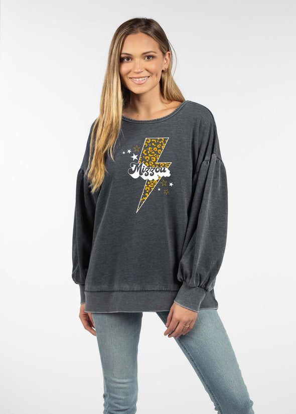 Mizzou Tigers Chicka-D Burnout Puff Sleeve Grey Fleece with Electric Leopard Print Sweatshirt