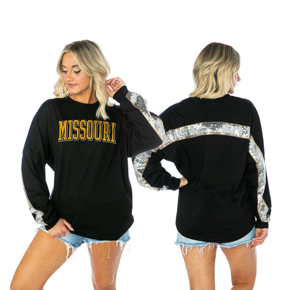 Mizzou Tigers Women's Sequin Missouri Black Long Sleeve Top