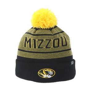 Mizzou Tigers Oval Tiger Head Source Black and Gold Knit Beanie with Pom