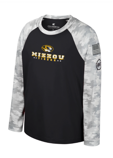 Mizzou Tigers Colosseum OHT Youth Tomcat Camo Sleeve Black and White Long Sleeve