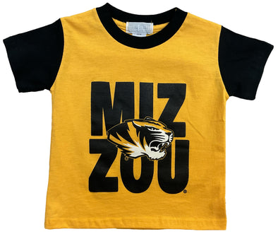 Mizzou Tigers Kids MIZ ZOU Tiger Head Black and Gold Contrast T-Shirt