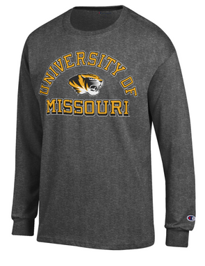 Mizzou Tigers Champion® University of Missouri Arch Tiger Head Grey Long Sleeve T-Shirt