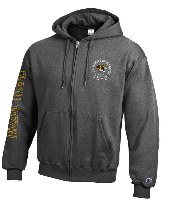 Mizzou Tigers Champion® University of Missouri Tiger Head Full Zip Grey Hooded Sweatshirt