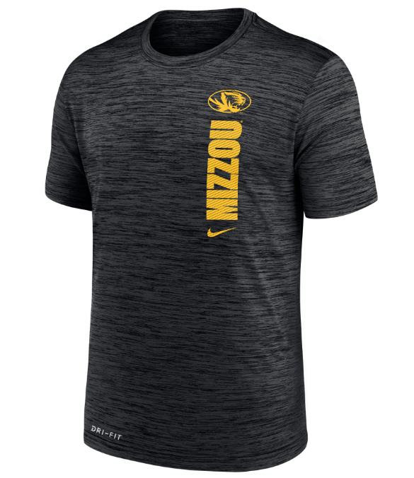 Mizzou Tigers Nike® 2024 Velocity Team Issue Vertical Mizzou Oval Tiger Head Black Heather T-Shirt