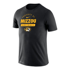 Mizzou Tigers Nike® 2024 Dri-Fit Property of Mizzou Softball Oval Tiger Head Black T-Shirt